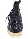 Malu Shoes Sandali bassi donna stringato nero con paillettes comfort con suola paglia fascette incrocio e cinturino retro moda glam