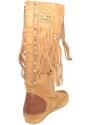 Malu Shoes Stivali donna estivi indianini cuoio marroni forati freschi con frange e borchiette fondo in gomma e paglia moda ibiza