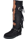Malu Shoes Stivali donna indianini neri scamosciati con frange zeppa interna 5 cm cinturino fibbia altezza ginocchio moda ibiza