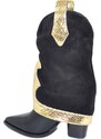 Malu Shoes Stivale tronchetto donna a punta nero con tacco targo e risvoltone shark in camoscio con fascia laminata oro moda trend