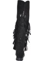 Malu Shoes Stivali donna indianini nero scamosciati alti sopra al ginocchio frange zeppa interna 5 cm cinturino fibbia stemma moda
