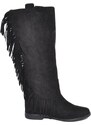 Malu Shoes Stivali donna indianini nero scamosciati con frange laterali zeppa interna 5 cm lisci stemma altezza ginocchio