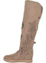 Malu Shoes Stivali donna indianini kakhi scamosciati alti sopra al ginocchio frange zeppa interna 5 cm cinturino fibbia stemma moda