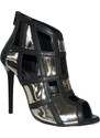 Malu Shoes Scarpe tronchetto donna a scacchi forma quadrata forato in pelle nero e specchio argento tacco a spillo vera pelle