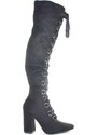 Malu Shoes Stivali donna neri in camoscio nero sopra al ginocchio a punta stringatura frontale tacco largo