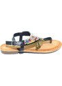 Malu Shoes Sandalo basso ibiza nero basso infradito con frange, corallini e piume allacciato alla caviglia moda comfort estate