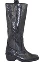 Stivali donna Corina a punta quadrata neri fatti a mano in spagna camperos tacco comodo 3 cm stampa lurex gambale