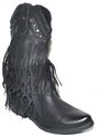 Malu Shoes Stivali donna camperos texani nero con frange con borchiette moda altezza polpaccio style mexico cowboy