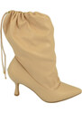 Malu Shoes Stivali donna tronchetto a punta beige nude in pelle con tacco midi 5 cm a spillo e coulisse moda tendenza