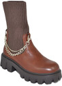 Malu Shoes Stivaletto donna combat boots cuoio marrone calzino e catena accessorio rimovibile fondo alto carrarmato moda tendenza
