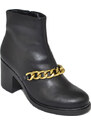 Malu Shoes Stivaletti donna tronchetto nero tacco comodo largo 6 gomma con catena in punta oro moda tendenza zip