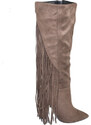 Malu Shoes Stivali donna texani camoscio tortora con frange lunghe dietro e tacco largo altezza ginocchio moda glamour luxury