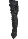 Malu Shoes Stivali donna a punta ilaminato nero pitonato tacco largo comodo zip arricciati al ginocchio moda Rouches moda