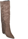 Malu Shoes Stivali donna texani camoscio tortora con frange lunghe dietro e tacco largo altezza ginocchio moda glamour luxury