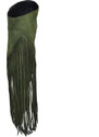 Malu Shoes Stivali donna texani camoscio verde militar con frange lunghe dietro e tacco largo altezza ginocchio moda glamour luxury