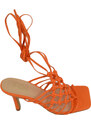 Malu Shoes Sandali donna tacco alto a spillo comodo arancione fantasia uncinetto alla schiava con lacci punta quadrata moda eventi