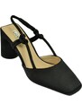 Malu Shoes Decollete scarpe donna in raso nero con tacco largo punta quadrata open toe chiusura alla caviglia moda eventi
