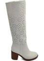 Malu Shoes Stivali donna alto punta tonda bianco gambale traforato puntinato al ginocchio tacco largo 8 cm moda elegante