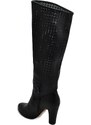 Malu Shoes Stivale donna alto rigido in pelle nero traforato tacco largo liscio linea basic a punta tonda moda altezza ginocchio
