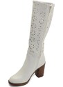 Malu Shoes Stivali donna alto punta tonda bianco gambale traforato puntinato al ginocchio tacco largo 8 cm moda elegante