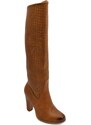 Malu Shoes Stivale donna alto rigido in pelle cuoio traforato tacco largo liscio linea basic a punta tonda moda altezza ginocchio