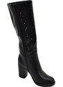 Malu Shoes Stivali donna alto punta tonda nero gambale traforato puntinato al ginocchio tacco largo 9 cm moda elegante