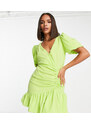 Missguided - Vestito a portafoglio color lime con maniche a palloncino-Verde