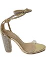 Malu Shoes Sandalo donna gioiello oro tacco largo con strass fascia trasparente 10 cm cerimonia allacciatura alla caviglia moda