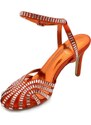 Malu Shoes Sandali tacco donna a fascette arancioni lucide con applicazioni anni 60 tacco 8cm cerimonia cinturino alla caviglia