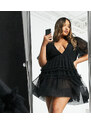 Lace & Beads Plus - Vestito corto a balze nero con scollo profondo sul davanti