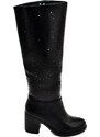 Malu Shoes Stivali donna alto punta tonda nero gambale traforato puntinato al ginocchio tacco largo 6 cm moda elegante