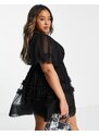 Lace & Beads Plus - Vestito corto a balze nero con scollo profondo sul davanti