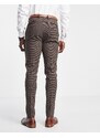 Noak - Pantaloni da abito skinny marroni in tessuto misto lana vergine bielastico con motivo pied de poule-Marrone