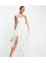 Lace & Beads - Vestito lungo da sposa in tulle trasparente monospalla color avorio-Bianco