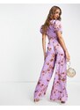 ASOS DESIGN - Tuta jumpsuit da giorno in raso a fiori con maniche a sbuffo-Multicolore
