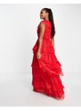 Lace & Beads - Vestito lungo in tulle a balze rosso