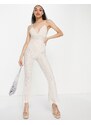 ASOS DESIGN - Tuta jumpsuit a fondo ampio color crema all'uncinetto con scollo profondo e fascette sottili-Bianco