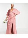 ASOS Curve ASOS DESIGN Curve - Vestito lungo da damigella in raso rosa crepuscolare con gonna drappeggiata e maniche stile kimono