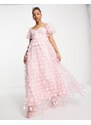 Maya - Vestito lungo a corsetto rosa con fiori 3D