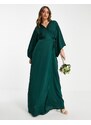 TFNC - Vestito da damigella lungo a portafoglio in raso verde smeraldo con maniche stile kimono