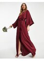 TFNC - Vestito lungo da damigella avvolgente in raso color mora con maniche a kimono-Rosa
