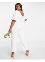 Hope & Ivy Plus - Tuta jumpsuit da sposa color avorio con maniche a sbuffo e fiocco sul retro-Bianco