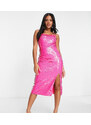 Esclusiva Lace & Beads - Vestito midi con paillettes rosa acceso e spacco-Oro