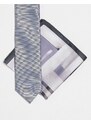 Noak - Cravatta sottile e fazzoletto da taschino grigio con stampa astratta