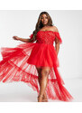 Esclusiva Lace & Beads Plus - Vestito lungo alla bardot rosso con paillettes