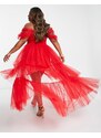 Esclusiva Lace & Beads Plus - Vestito lungo alla bardot rosso con paillettes