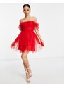Esclusiva Lace & Beads Petite - Vestito corto avvolgente in tulle con spalle scoperte rosso pillarbox