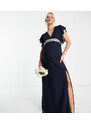TFNC Maternity - Vestito lungo da damigella in chiffon blu navy con maniche con volant e girovita decorato