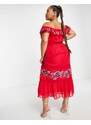 Hope & Ivy Plus - Vestito midi rosso ricamato con spalle scoperte-Multicolore