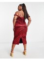 ASOS Curve ASOS DESIGN Curve - Vestito midi strutturato in raso color vino con spalle scoperte e scollo Bardot-Rosso